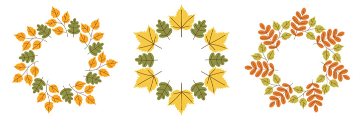 Colorful autumn wreaths made of mixed fall leaves in different shapes and colors. Ideal for seasonal prints and graphic design.