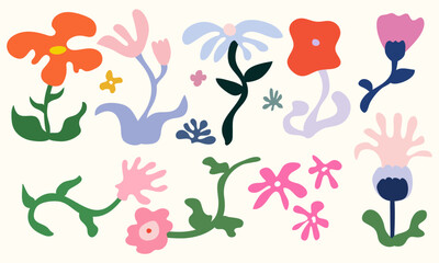 Colorful funky flower elements in modern flat vector style for decorative digital design