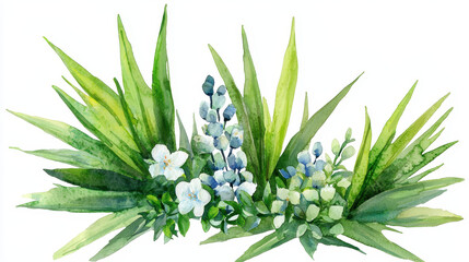 Watercolor botanical illustration featuring vibrant green leaves and delicate flowers, evoking sense of tranquility and nature