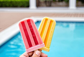 Portrait of a refreshing summer fruit popsicle on a blurred swimming pool with copy space