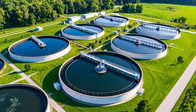 Aerial view of a modern water treatment plant with circular clarifiers and surrounding green landscape