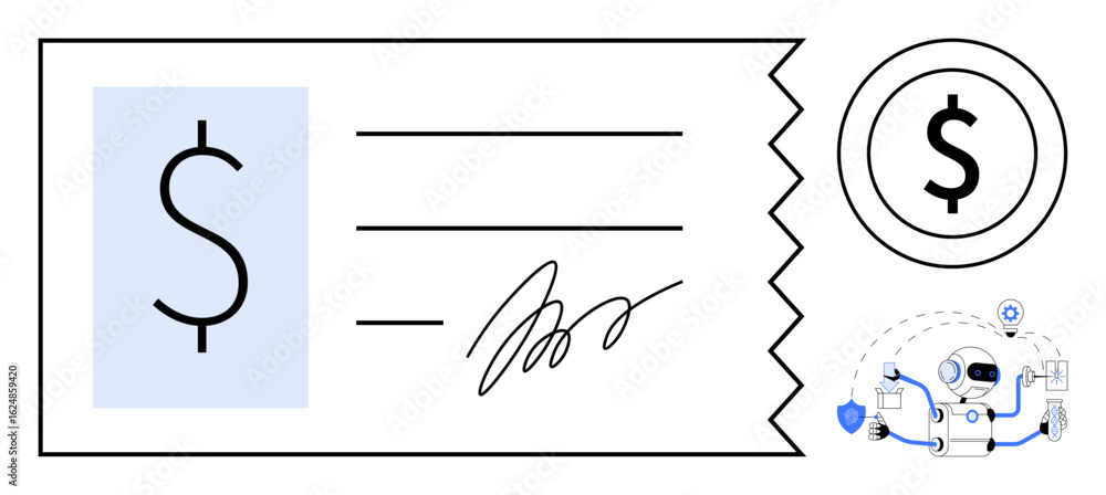 Poster check with signature, coin icon, and automation robot symbolizing payment processing. ideal for fina