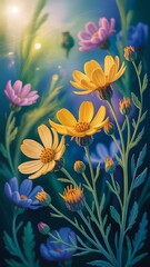 Vibrant Floral Garden with Yellow and Purple Flowers in Full Bloom Artistic Botanical Illustration Wallpaper