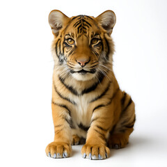 Obraz premium Adorable Tiger Cub Posing on a White Background Shows Off its Adorable Face and Orange and Black Stripes