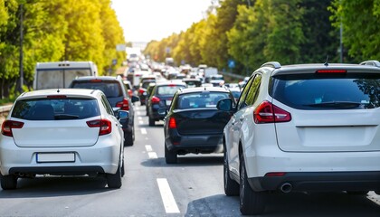 Traffic Jam on Sunny Road, Cars Commute - Urban transportation