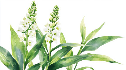 Watercolor botanical illustration of green leaves and white flowers, showcasing nature beauty and tranquility