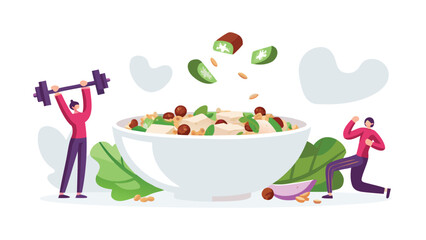 People exercising near a bowl of healthy food with falling kiwi slices and various other ingredients