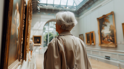 An elderly woman looks at paintings in a fine arts museum. Exhibition, hobby, entertainment, culture