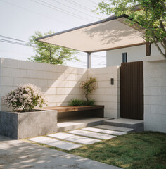 A small backyard with green grass, a white wall, a wooden trellis allows plants to grow, shade sail covers part of the area,A sun shade cloth is above the entrance,is green space in front of the home.