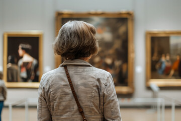 An elderly woman looks at paintings in a fine arts museum. Exhibition, hobby, entertainment, culture