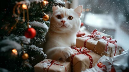 An adorable white cat by a decorated Christmas tree with gifts, looking at falling snow. Cozy holiday scene, perfect for a greeting card or festive digital illustration animation. - Powered by Adobe