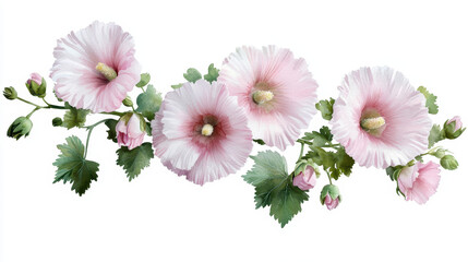 Watercolor botanical illustration of pink hollyhock flowers with green leaves, showcasing delicate petals and buds