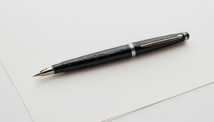 Naklejka premium An elegant black fountain pen with a textured barrel and silver nib lies on a clean sheet of white paper, a classic instrument for writing.