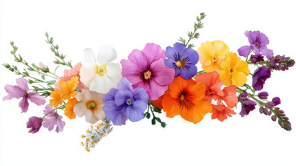 Colorful floral arrangement featuring various blossoms shades of purple, orange, yellow, and white, evoking sense of joy