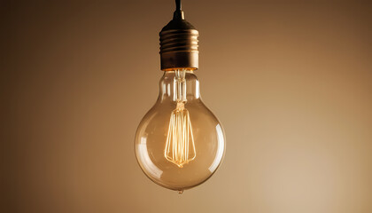 A classic retro filament light bulb hanging and glowing warmly, a concept for inspiration, creativity, and bright ideas.