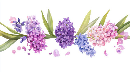 Watercolor botanical illustration of lilac flowers in various shades, showcasing delicate petals and vibrant colors