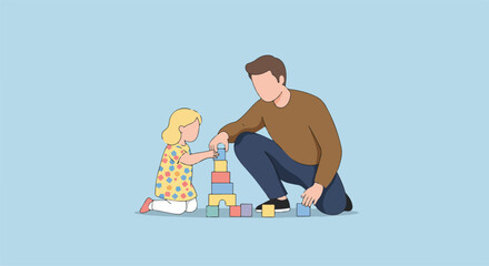 Dad and daughter stacking blocks at home on a solid background. Use family blog