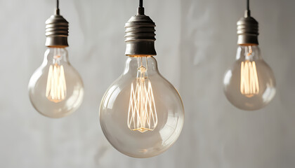 Trio of hanging retro incandescent lamps with visible filaments. Concept of idea, creativity, and innovation.