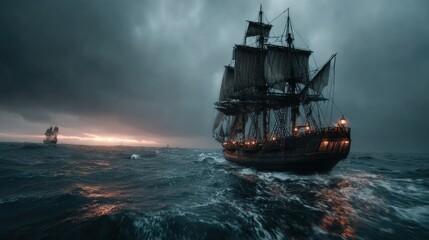 Fototapeta premium A large sailing ship, dark and imposing, navigates stormy seas at sunset