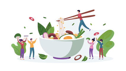 Illustration of people around a giant bowl of ramen with chopsticks and various toppings shown well