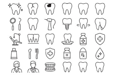 Minimalist line icons for dental care including tools, treatment, and healthcare symbols, perfect for dentistry concepts dental care graphics