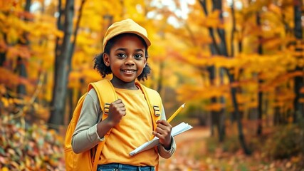 Smiling African American girl with backpack wears yellow clothes, primary schoolgirl in autumn street getting ready to go to school