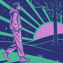 Neon Vector Art of a Man Walking at Sunset – Modern Stylized Outdoor Illustration