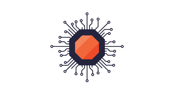 Orange CPU on a white background; illustration of circuit design for posters