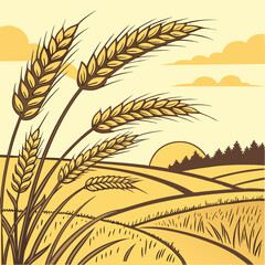 Golden Wheat Field at Sunset – Vintage Vector Illustration of Farmland and Harvest