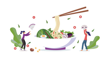 Illustration of a large bowl of noodles with vegetables and two people interacting with the food