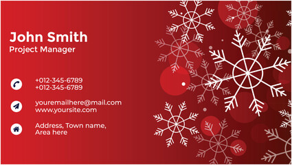 Business card with name and contact details on a red background with snowflakes
