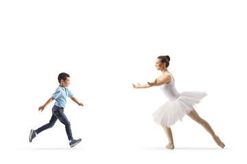 Kid running to hug a ballet dancer
