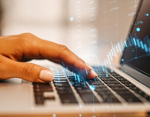 A business professional's hand typing on a laptop with a digital overlay of a growing financial stock market chart for investment analysis.