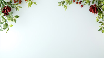 Beautiful arrangement of greenery and flowers on light background creates serene atmosphere