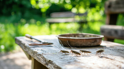 Wetland insects on wooden table with rustic background, showcasing nature beauty and tranquility