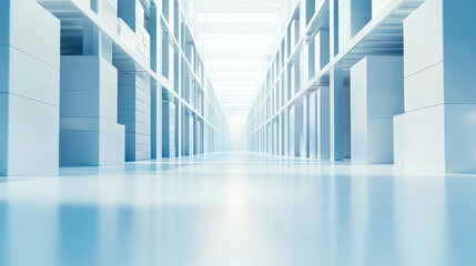 Wide angle view of modern warehouse aisle filled with neatly stacked boxes, creating serene and organized atmosphere