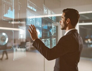 Businessman analyzing complex financial data on a futuristic transparent touch screen with holographic user interface.