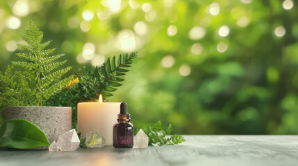 Serene yoga space featuring natural healing props, including candle, essential oil, and crystals, evokes tranquility