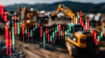 Stock market chart overlaid on a construction site with heavy machinery