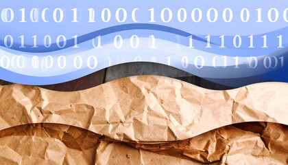 Digital Data and Natural Textures: A captivating blend of binary code cascading over fluid, layered textures evoking the synergy of the digital and natural worlds.