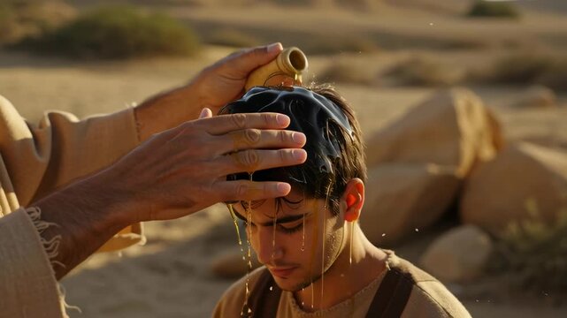 Prophet anoints a young man, possibly David, with oil in the desert representing consecration for leadership, biblical narrative, old testament event.