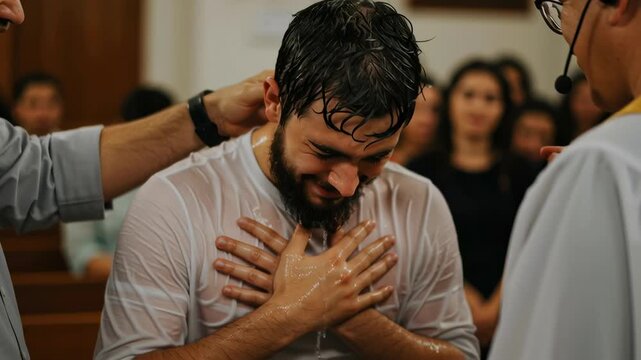 A man receiving baptism in a church during a Christian ceremony. Religious ritual of sprinkling holy water for evangelic preaching footage.