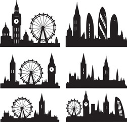 London Landmarks Silhouette Vector, Famous UK City Skyline Clipart