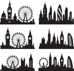 London Landmarks Silhouette Vector, Famous UK City Skyline Clipart