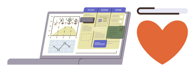 Fototapeta premium Open laptop with graphs, Kanban board, and tasks, accompanied by a stylized heart and bookmark. Ideal for productivity, planning, time management, efficiency, team collaboration self-improvement