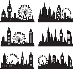 London Landmarks Silhouette Vector, Famous UK City Skyline Clipart