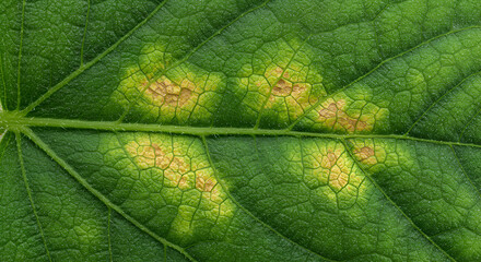 Fototapeta premium Cucumber Leaf Displaying Chlorotic Patches from Viral Infection