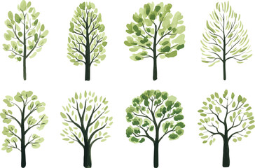 Watercolor collection of ten green trees including deciduous and conifer types, isolated on white background for design and illustration use

