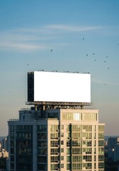 Obraz premium Blank Billboard on Building Rooftop Against Blue Sky with Birds in Flight, Ready for Advertisement Mockup Template