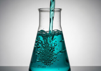 Turquoise liquid being poured into a laboratory flask creating bubbles